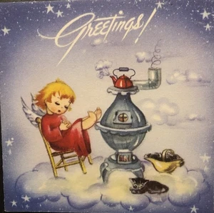 Vtg Christmas Greeting Card Adorable Angel In The Clouds Rest W/Feet On Heater - Picture 1 of 3