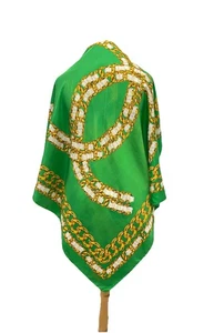 Y4#Chanel Bufanda de Seda Oro Verde Estampado de Cadena Vintage Diseñador Cuadrado - Imagen 1 de 8
