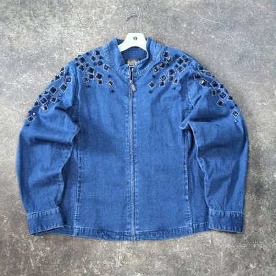 Chaqueta artística portátil Bob Mackie para mujer L azul denim adornada con cuentas cremallera Foto 1 de 4