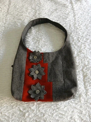 Handmade Gray Red Hobo Bag Wool Recycled Preppy Academia Boho Cottage Artsy Eco - Image 1 of 4