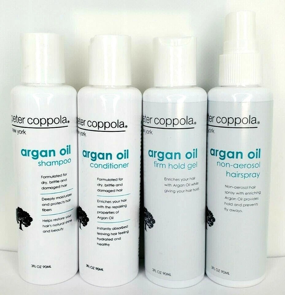Peter Coppola ACEITE DE ARGÁN CHAMPÚ ACONDICIONADOR Gel de sujeción firme AEROSOL PARA EL CABELLO 4 piezas Viaje Foto 1 de 1