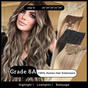 100% Clip In Real Remy Human Hair Extensions Weft Full Head Balayage Highlight - Picture 1 of 38