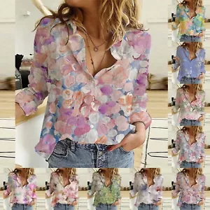 Womens Flower Print Plain Blouse Casual T-Shirt Ladies Baggy Long Sleeve Tops - Picture 1 of 51