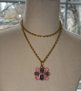 Julie Vos 34” Gold Chain Statement Necklace With Purple & Pink Stone Pendant - Picture 1 of 11