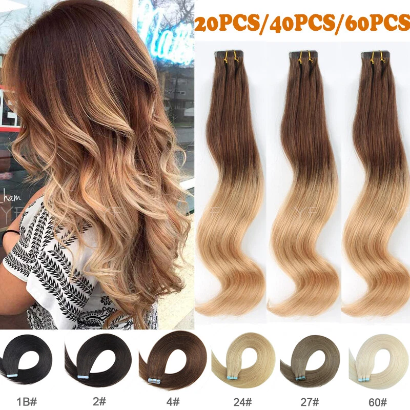 Extensiones de cabello humano Remy de 12-24 pulgadas con cinta adhesiva 150 g rubio largo grueso real EE. UU. Foto 1 de 4