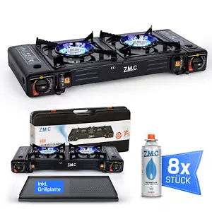 2 flammig Campingkocher Outdoor Camping Gas Kocher Grillplatte + 8x Gaskartusche - Bild 1 von 11