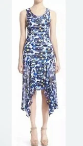 FUZZI Jean Paul Gaultier Floral Striped Blue Asymmetric Hem Midi Dress Mesh Sz S - Picture 1 of 6