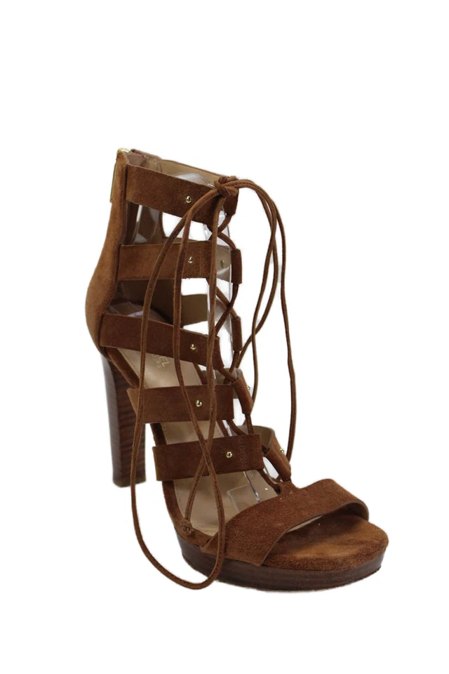 Michael Michael Kors Womens Leather Lace Up Back Zip Sandals Heels Brown Size 9M - Image 1 of 4