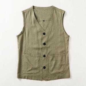 Men's Casual Cotton Linen Vest Pockets Sleeveless Waistcoat Jackets Oversize New