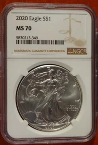 2020 $1 SILVER AMERICAN EAGLE NGC MS-70 BROWN LABEL - Uncirculated - Perfect - Picture 1 of 1