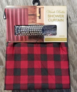 13 PC BUFFALO PLAID PRIMITIVE RED 72" SHOWER CURTAIN HOOKS BLACK CHECK SET - Picture 1 of 3