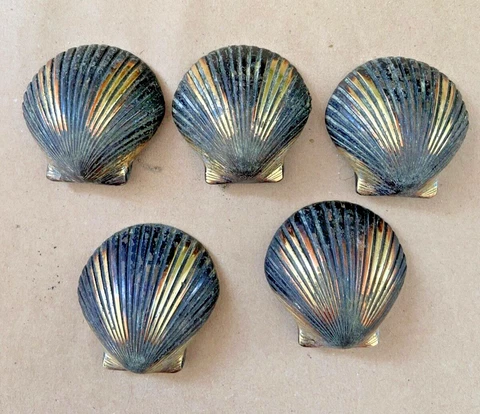 5 Vintage Brass Seashell Drawer Pulls Knobs Clam Cabinet Sea Shell Ribbed Cover
