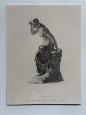 Antigua figura desnuda femenina grabada doncella sentada sobre una roca neoclásica Foto 1 de 2