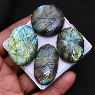 4 Pcs Natural Labradorite Pendant Size Hand Carving 32mm-39mm Flashy Gemstones - Image 1 of 4