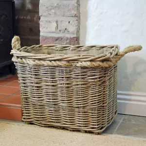 Small Classic Rectangular Willow Log Basket Hessian Lined Rope Handles - Picture 1 of 1