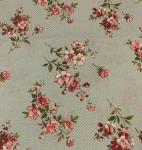 Waverly Inspirations Floral Screen Print Fabric Pale Blue Pink Polka Dots 1+ Yds - Picture 1 of 14