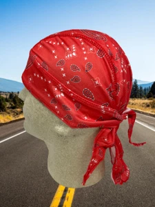 Headwrap Durag Cap Doo Rag Moisture Wicking Vented Biker Red Black Paisley Biker - Picture 1 of 8
