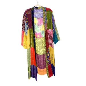 Vintage Patchwork Kimono Womens Long Floral Multicolor Mixed Duster Jacket M - Picture 1 of 12