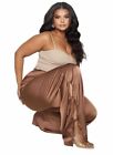 Pretty Little Thing NEW Brown Womens Plus L Chocolate Satin Wide Leg Tie Pants