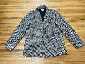 Evereve Bowden Blazer Suit Jacket Women's L Gray Houndstooth Elbow Patch 1Button - Picture 1 of 9