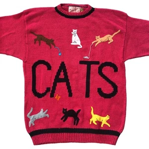 Vintage Cotton Salsa Women’s Pink CATS Knit Sweater Size XL Hand Made In Peru - Picture 1 of 12