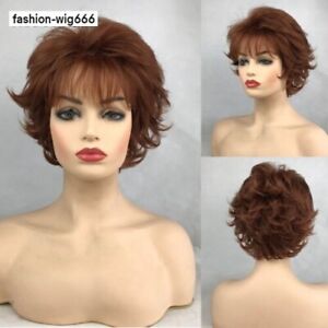 Short Fluffy Layered Wavy Copper Red Auburn Synthetic Hair Wigs Women Natural