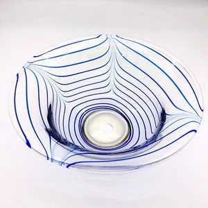 Mid Century Italian Murano Glass Decorative Bowl w/ Vibrant Blue Striping pontil - Picture 1 of 10