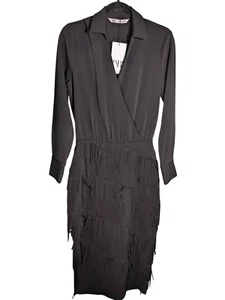 NWT Zara COMBINATION FRINGE DRESS ZW COLLECTION Long Lapel Collar Dress with Wra - Picture 1 of 7