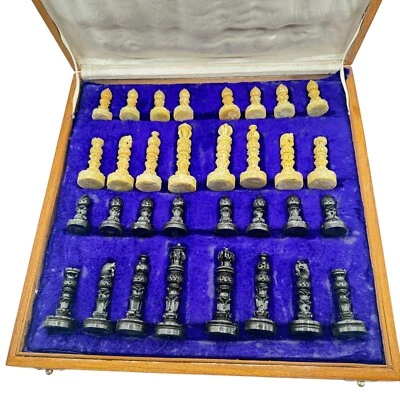 Juego de ajedrez de caja de madera de colección 16 x 16 piezas de mármol talladas a mano base única LEER Foto 1 de 4