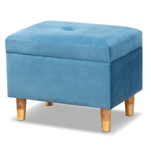 Baxton Studio Elias Sky Blue Velvet and Brown Finished Wood Storage Ottoman - Picture 1 of 11