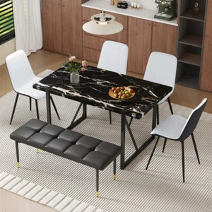Modern Black Marble MDF Dining Set - 55"x31.4", 4 PU Chairs & 1 Bench - Picture 1 of 22