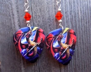 Dragon Breathing Fire Guitar Pick Earrings with Red Swarovski Crystals - Picture 1 of 3