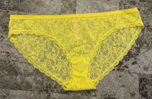 NWOT VICTORIA'S SECRET XL YELLOW SCALLOP LACE MESH LOGO BAND RARE BIKINI PANTIES - Picture 1 of 3