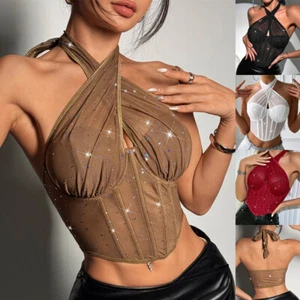 Womens Halter Sequins Sheer Mesh Vest Crop Tops Corset Cami Party Shirts Bustier - Picture 1 of 19