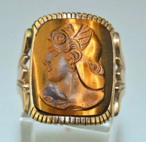 HERREN ANTIK 10K GELBGOLD TIGERAUGE CAMEO GLADIATOR RING SCHICKE SEITENGRÖSSE 9,25 - Bild 1 von 4