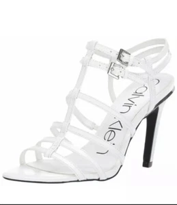 Calvin Klein GILI BOX Heeled Sandals White Leather Women’s Size 9.5 NEW. - Picture 1 of 12