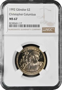 Gibraltar 2 pounds 1992, NGC MS67, "Christopher Columbus" Pop 2/1 - Picture 1 of 2