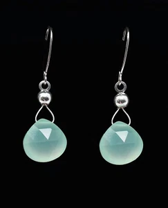 .925 Sterling Silver & Facetted Aqua Calcedony Briolette Kidney Hook Earrings - Picture 1 of 2