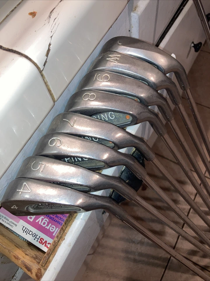 Juego de plancha vintage Ping Karsten punto naranja 4,5,6,7,8,9,W,S 5-madera 4 punta de madera tacón Foto 1 de 4