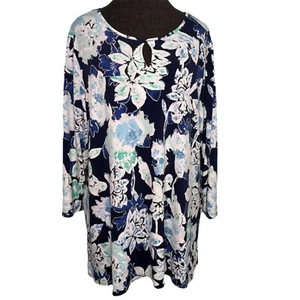 Allison Daley Blouse Shirt Tunic Top Women XL Blue Floral Tropical Workwear - Picture 1 of 9