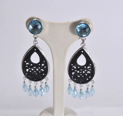 ORECCHINI ARGENTO 925 GOCCE GIADA NERA  E TOPAZIO AZZURRO PENDENTI AGHT 0853 - Immagine 1 di 3