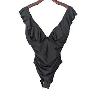 J. Crew Ruched Ruffle One-Piece Swimsuit Size 12 Black NWT $118 BP222 - Picture 1 of 6