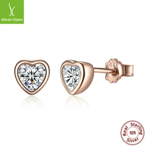 Women Girls Solid 925 Sterling Forever Love Heart 14K Gold & Clear CZ Earrings - Picture 1 of 6