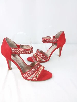 Sandálias sociais femininas Alfani Rosso de camurça cravejadas vermelhas e douradas tamanho 10M - Imagem 1 de 4