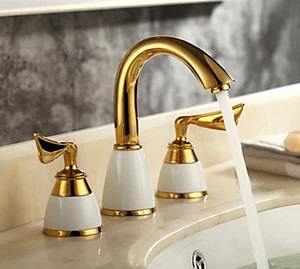 Rubinetto miscelatore lavabo bagno oro doppia maniglia 3 fori rubinetto lavabo ponte - Foto 1 di 10