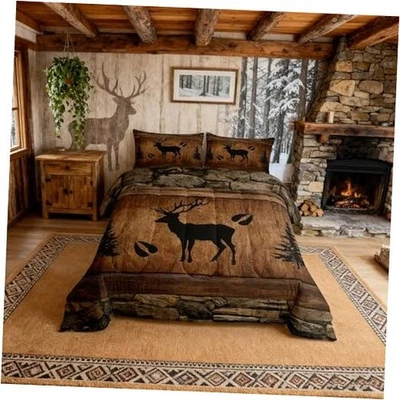  Rustic Deer Comforter Set Size, Black Trees Deer Paw Queen Rustic Deer Brown - Image 1 of 4