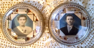 ANTIQUE VICTORIAN PHOTO PAPERWEIGHTS Spooky Wedding Valentine Glass Glittr Paper - Image 1 of 4