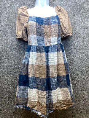 Umgee Large Plaid Print Smocked Puff Sleeve Dress Raw Hem Lined Blue Brown Fall - Image 1 of 4
