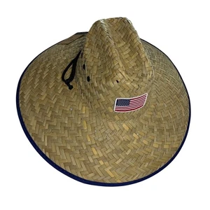 Straw Cowboy Hat with American Flag Patch and Brim Trim - Picture 1 of 5