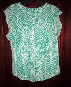 Talbots 14 Popover Blouse Shirt Top Leaf Floral Print Poly Chiffon Short Sleeve - Picture 1 of 3